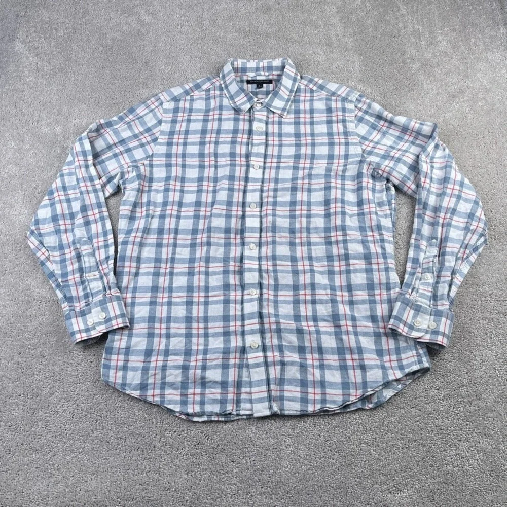 Banana Republic Mens Shirt Large Grey Red Checkered Linen Blend Coastal‎ Preppy